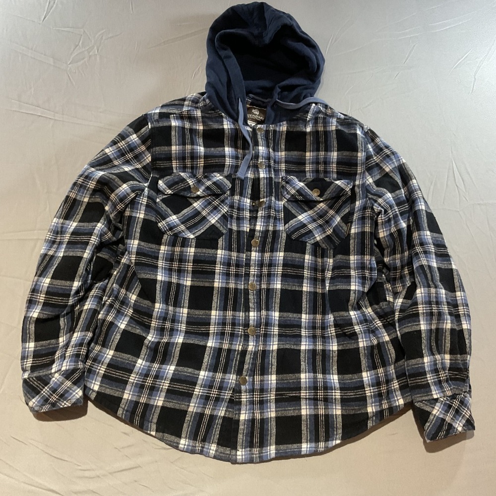 Legendary Outfitters Hooded Flannel Shirt Jacket Plaid Blue Black Mens Medium Bu
